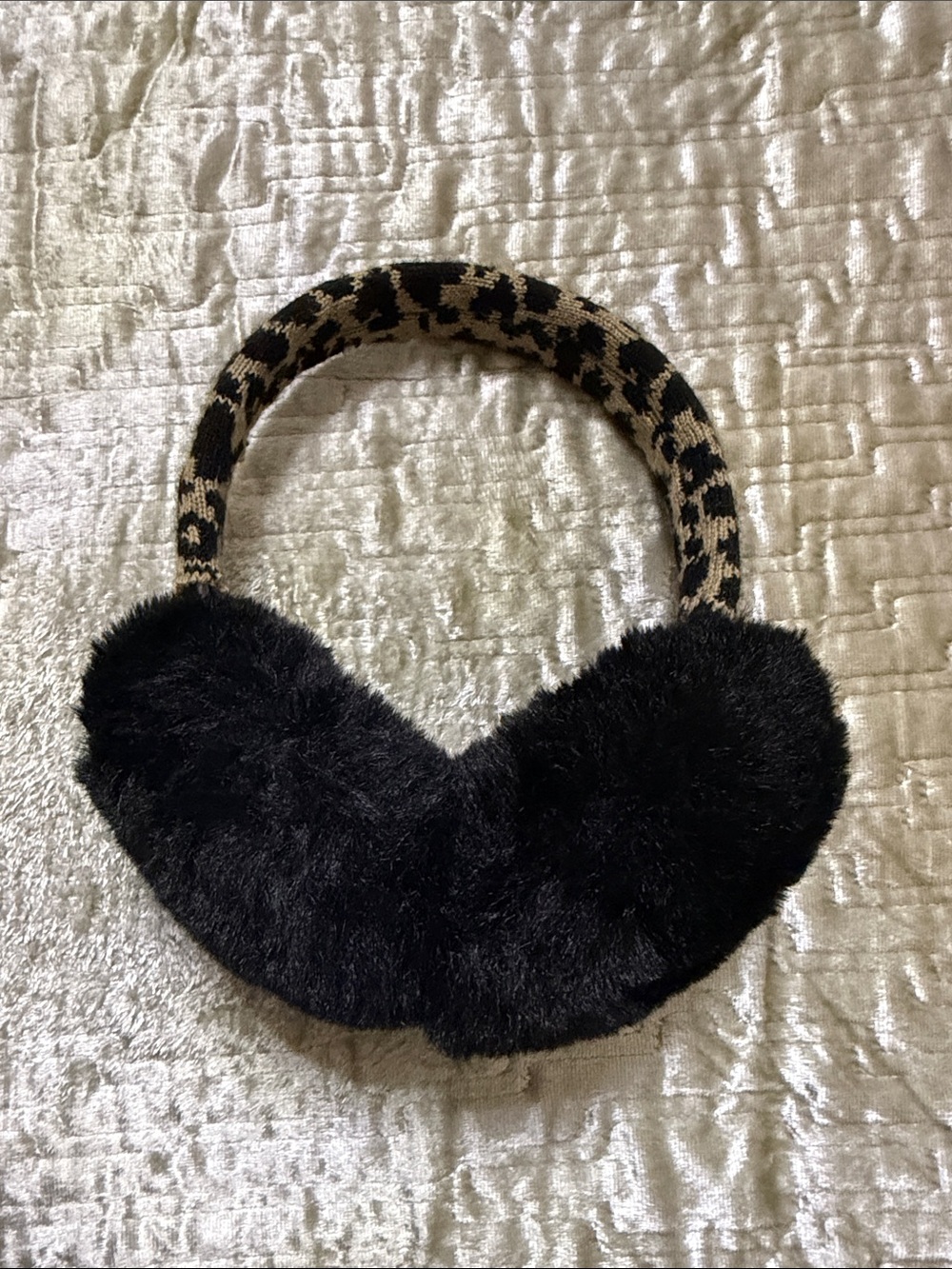 Michael Kors Black Faux-Fur Ear Muffs with Leopard Knit Headband